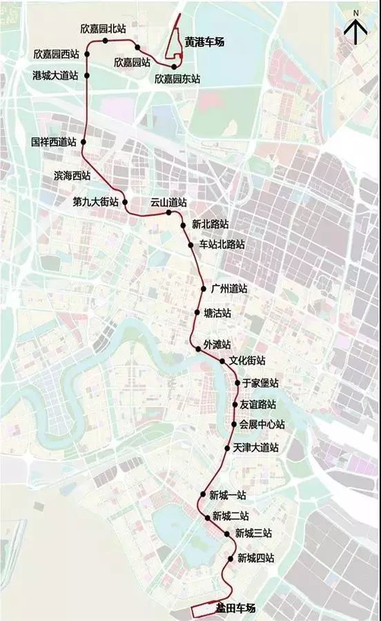 线路途经中部新城,于家堡,天碱商业区,开发区,北塘,中新生态城及汉沽