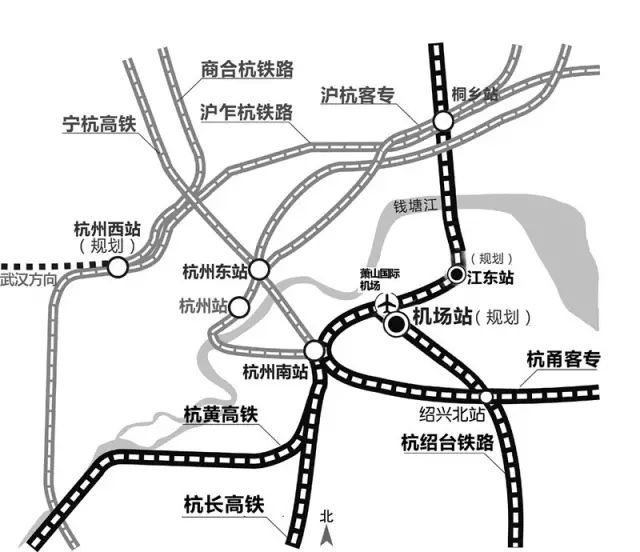 杭州西站,杭州东站,萧山机场位置示意图