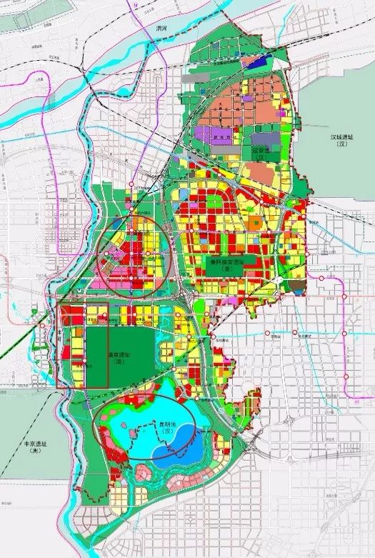两者结合看,未来沣东新城的南部,昆明池-沣河东岸及周朝镐京历史文化